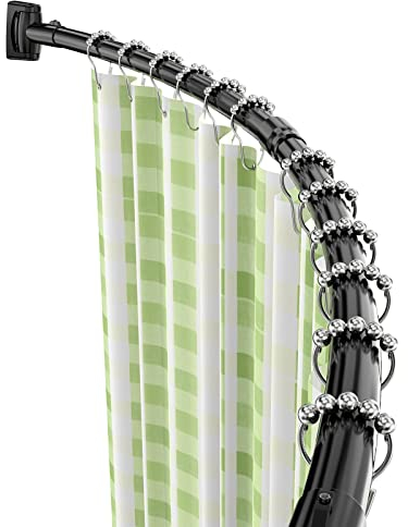 Bastone Tenda Doccia Angolare Curva Antiruggine Installazione Del Foro 140–200cm Espandibile In Acciaio Inox Regolabile, Con 24 Anelli Per Tenda Da Bagno,Per Bagno,Vasca,Guardaroba,Spogliatoio - Nero