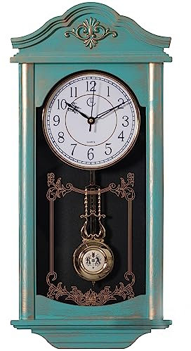 Clockswise Quickway Imports Grande orologio da parete a pendolo in plastica effetto legno a forma di nonno vintage per soggiorno, cucina o sala da pranzo, grande, blu con design invecchiato in oro