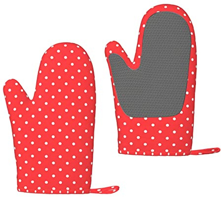 Rot und Weiß Polka Dots Küche BBQ Handschuhe Grillhandschuhe Hitzebeständig Silikon Ofenhandschuhe Wasserdicht Rutschfest für Grillen Kochen Backen
