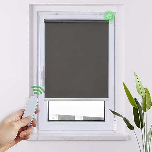 HOMEDEMO M100 Elektrische Rollos Verdunkelungsrollo mit Motor & Fernbedienung, Dunkelgrau 70x200cm(BxH), Smart Rollo ohne Bohren klemmfix & mit Bohren, Sonnenschutz Sichtschutz Rollo für Fenster