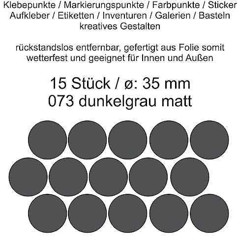 Aufkleber Etiketten Klebepunkte aus Folie 15 Stück grau dunkelgrau matt rund 35 mm selbstklebend farbig wetterfest Decal Markierungen Organisieren DIY basteln verzieren Modellbau Scrapbooking