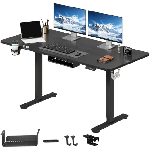 SANODESK Höhenverstellbarer Schreibtisch elektrisch 140x60 cm | ergonomischer Sitz-Steh-Schreibtisch mit Arbeitsfläche für Homeoffice und Büro (Schwarz)