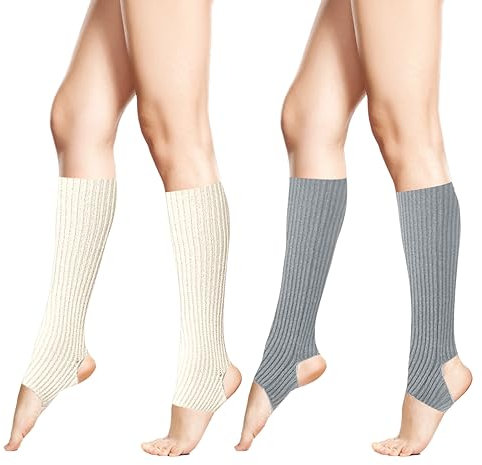 VEGCOO 2 Pairs Leg Warmers for Women, Knitted Yoga Long Socks, Winter Stirrup Socks for Yoga Dance Exercising Daily Wear Keep Warm (Gery+White, One Size)