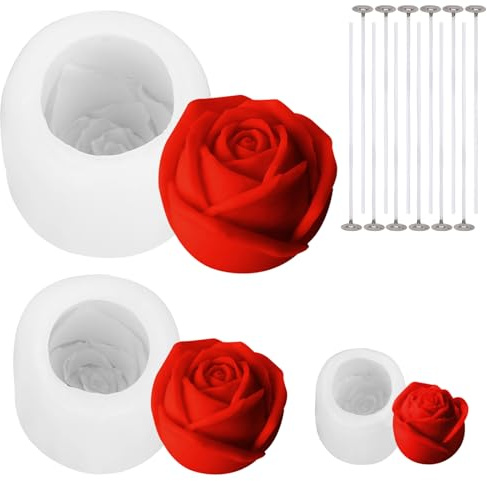 3Pcs Molde de Silicona para Velas, Moldes Velas en Forma de Rosa, Moldes para Velas resina 3D con Mechas Moldes para Hacer Velas a mano para Hacer Velas, JabóN Hecho A Mano, Velas Perfumadas
