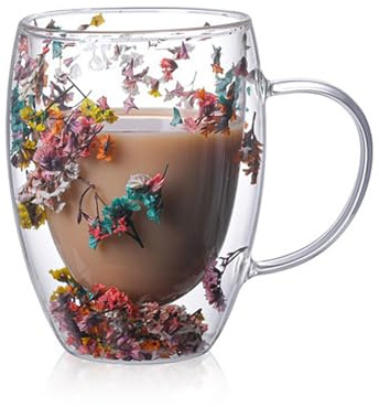 Entonic Dried Flower Glass Cup, Doppelwandige Glastasse mit getrockneten Blumen, ästhetische Blumen-Kaffeebecher, Niedliche Isolierte Teetassen mit Griff, Hitzebeständig A (D)