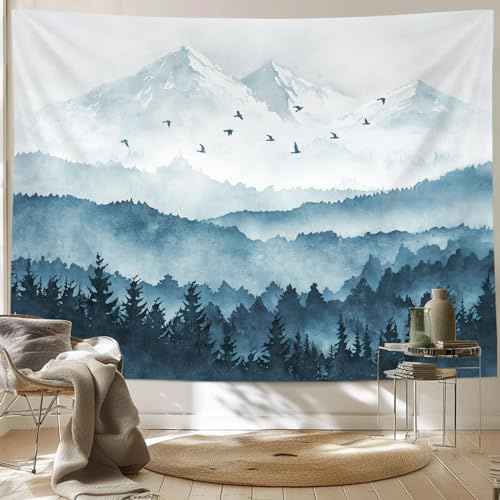kampdream Tapiz de bosque de montaña, tapiz de pared con paisaje de acuarela brumosa y niebla, tapiz de paisaje natural para dormitorio, sala de estar, telón de fondo, color verde azulado, 36 x 48