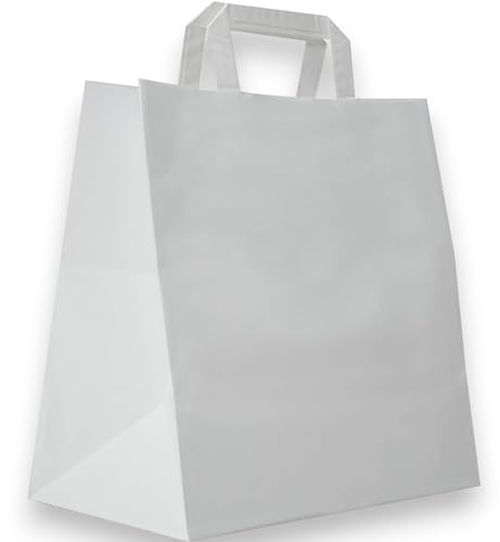 Buste Shopper in Kraft con fondo quadro, color Bianco, maniglia piatta, f.to cm 35x23x25 cm Grammatura 110 Gr (50)