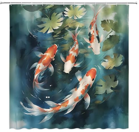 YSATNSFT Koi Fish Shower Curtain Japanese Asian Art Colorful Carp Pond Oriental Traditional Watercolor Ink Painting Fabric Bathroom Decor Set with Hooks,(70 WX70 H)