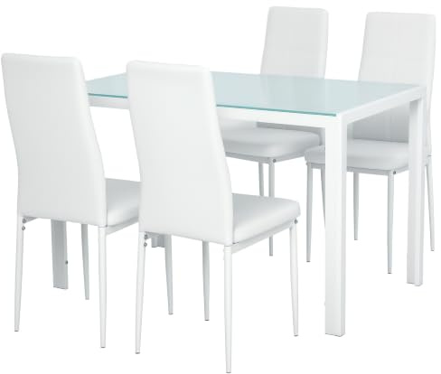 HOMCOM Set 5 Pezzi con 1 Tavolo e 4 Sedie per Cucina o Sala da Pranzo in Finta Pelle, Metallo e Vetro Temperato, Bianco