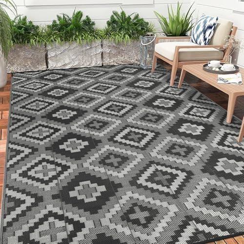 Enyhom Extra Large Outdoor Area Rugs, 180 x 270 cm Waterproof Durable Garden Rug Foldable Recycled Plastic Straw Mat Portable UV Resistant Garden Carpet Rug for RV, Deck, Balcony, Porch, Black