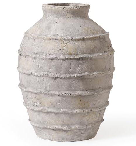 Kokrose Terracotta Vase, White Grey Rustic Farmhouse Decor, Vintage Large Pottery Clay Vase, Ceramic Flower Vases for Centerpieces, Table Decor, 11.2 Inch