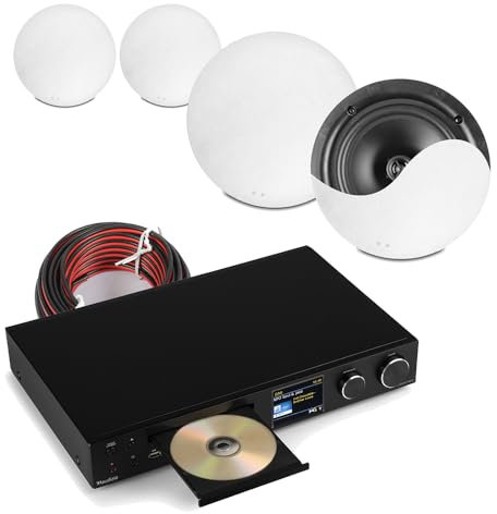 4x Ceiling Speaker System Package with CD HiFi Kit, Bluetooth, DAB+, Internet Radio, TV Input, Flush-Mount Home Audio Speakers, 10m Cable Included