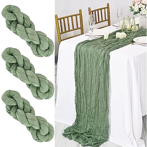 Prmape 3 Stück Käsetuch Tischläufer Salbeigrün, 300* 90cm Transluzent Boho Tischfahne Gaze Tischdecke für Dekoration Hochzeit Abendessen Urlaub Party Supplies