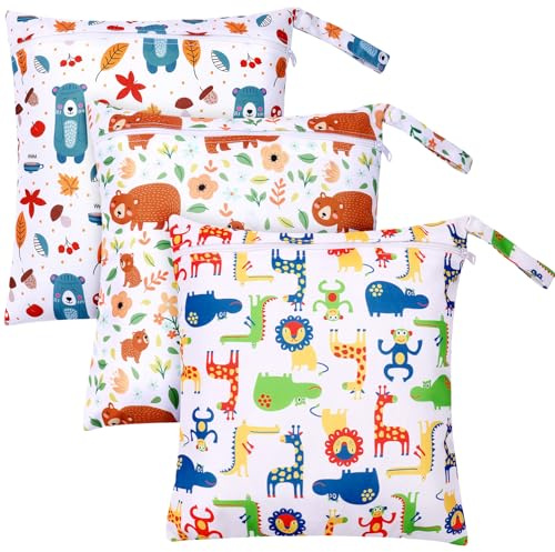 Kaisibum 3 Stück Wetbag Kindergarten,28 * 30.5CM Wiederverwendbare wasserdichte Wet Bag,Nasstaschen mit Reißverschluss,Nassbeutel Kindergarten für Baby Reisen Unterwegs