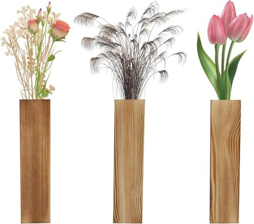 UOCAI 3 stycken väggvas trä, moderna väggvaser för växter inomhus, väggvas vägg vas trä heminredning 2,5 x 5,6 x 29,5 cm innermått, vägg planteringskärl för torkade blommor och konstgjorda gröna