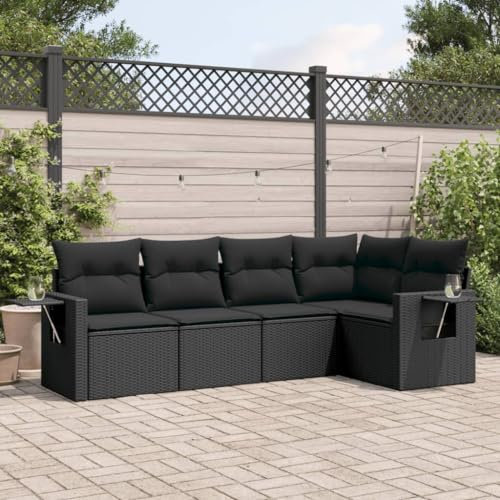 Xichuzi 5-TLG. Garten-Sofagarnitur mit Kissen Schwarz Poly Rattan, Lounge Gartenmöbel Set, Möbelsets, Balkon Möbel, Gartenlounge, Gartensofa - 3220124