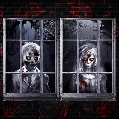 KERANEET 2 Stück Halloween Fensterdeko Gruselig Halloween Deko Fensters 120 x 80cm Halloweens Dekos Outdoor Innen Garten Halloweens Fensterbilder Gruselig für Horror Party Dekos