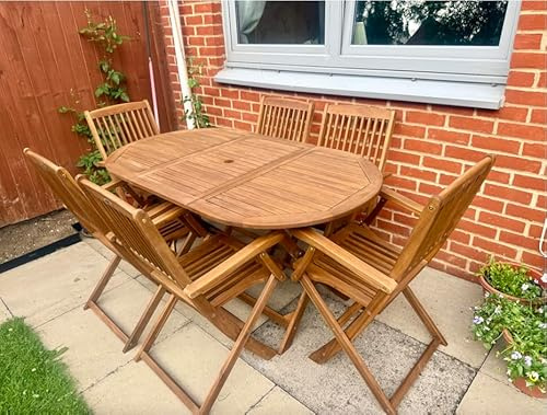 Wooden Garden Table and Chairs Set Outdoor Dining Parasol Hole Folding Large 6 Seater Backyard Porch Deck Compact Weather Resistant Rustic Furniture
