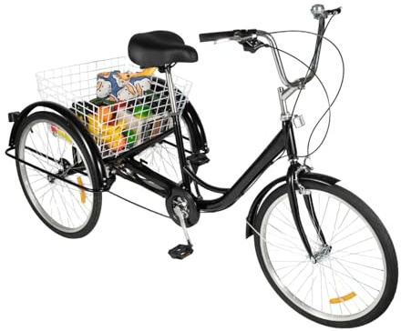 Mqwdxzfes 24 Zoll Dreirad für Erwachsene, 8 Gang 3-Rad-Fahrrad mit Großer Einkaufskorb, Outdoor Fahren Dreirad Höhenverstellbarer Seniorenfahrrad Lastenfahrrad für Erwachsene Senioren (Schwarz)