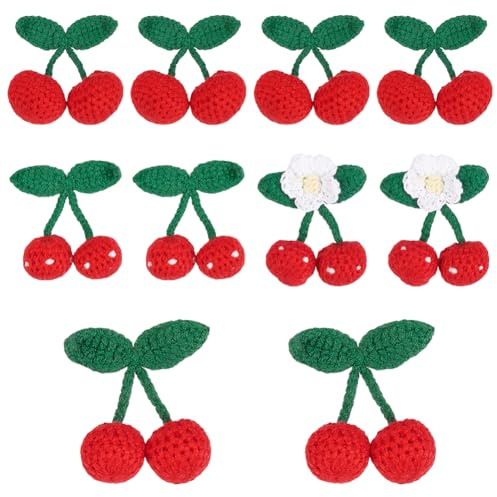 WADORN 10Pcs 4 Styles Crochet Cherries, Knitting Cherry Patches Sewing on Appliques Handmade Crochet Sweet Cherry Pendant Fruit Crocheted Accessories for DIY Keychain Clothes Bag Hair Clip Decoration