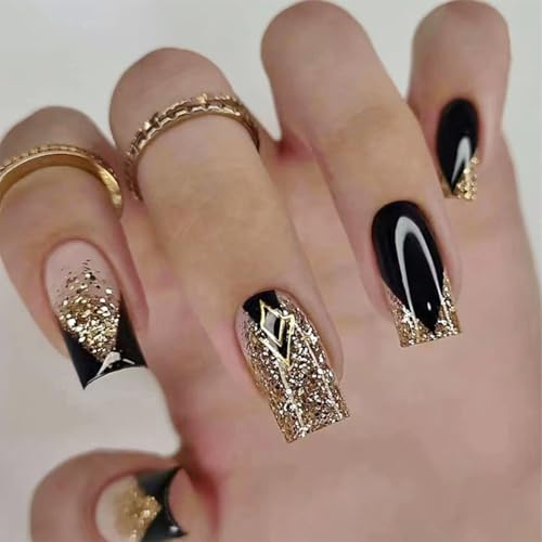 Auriselle Press on Nails Lang 24 Pièces Françaises Faux Ongles Longs Carrés Ongles Artificiels Noir et or Paillettes sur les Ongle, Parfait pour la Manucure à Domicile
