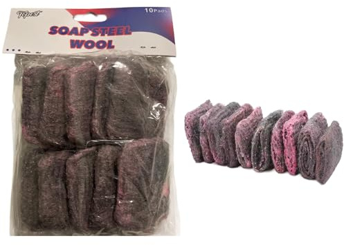 Topest Soap Filled Pads| Steel Wool Scourer Pads | Remove Tough Stains, Grease and Grime with Ease | Great for Kitchen, Pans, Pots, Cookers Etc. (Pack of 10)