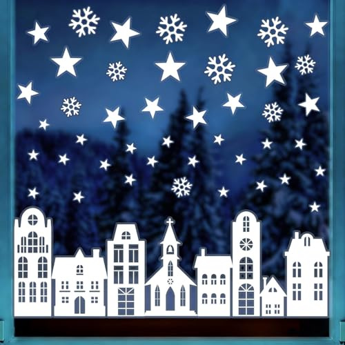 Fensterbilder Weihnachten Selbstklebend, UEOTO Weiß Weihnachtsdeko Fenster Deko Schneeflocken Sterne Häuser Fenstersticker, Winter Weihnachts Fensterbild Fensteraufkleber Wiederverwendbar Fensterdeko
