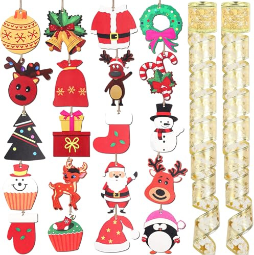 Wlicon Weihnachts-Holzschmuck und 2 Rollen transparenter Glitzerband für Kranzdekorationen, Holzgeschnitte für Weihnachtsbaumhängungen