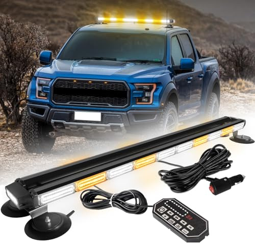 LRTER 42inch 206 LED Rooftop Emergency Strobe Light Bar Flashing Safety Lights w/Controller Traffic Advisor Warning Hazard Light for Trucks Vehicles Construction Tow Pickup Snowplow Amber White