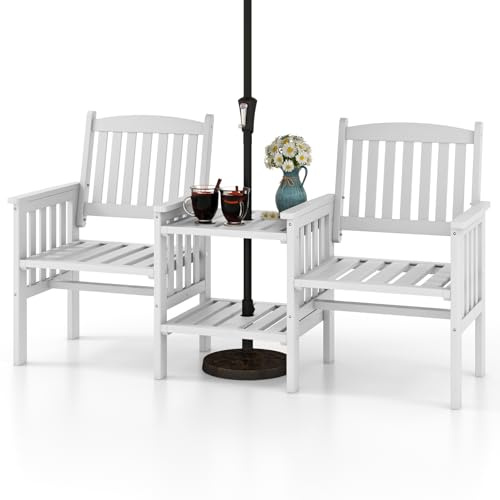 COSTWAY Gartenbank mit Tisch, 2-Sitzer Holzbank mit Schirmloch, Sitzbank aus Tannenholz bis 330 kg belastbar, Terrassenbank für Balkon, Garten, Terrasse, 165 x 60 x 88 cm (Weiß)