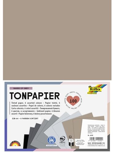 folia 6498 - Tonpapier SHADES OF GREY, DIN A4, Block mit 130 g/m² Tonzeichenpapier, 100 Blatt in 6 Farben, zum Basteln, Verzieren und Dekorieren