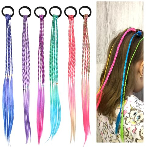 LXUEJIE 6 mechones de pelo de colores para niños, 45 cm de pelo para trenzar, 6 colores, extensiones de pelo sintético con cinta elástica para fiestas, festivales, decoración del cabello