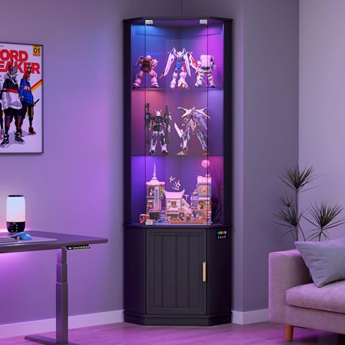 OUTDOOR DOIT Vitrina Expositora con Iluminación RGB - Vitrinas con Puerta de Cristal,Sensores Inteligentes,3 Estantes para Salón,Dormitorio,Oficina,Estudio,Vitrina para Coleccionistas,Negro