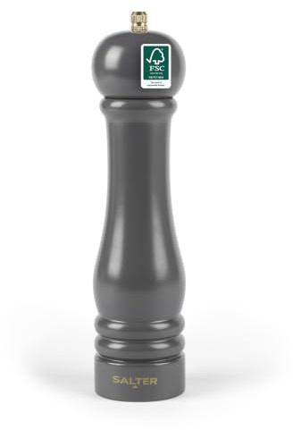 Salter Olea 23cm Charcoal Mill – Single Refillable Salt or Pepper Grinder, 100% FSC® Rubberwood Design with Twist to Grind, Adjustable Ceramic Mechanism, Fine to Coarse Grind, Extra Cap Included
