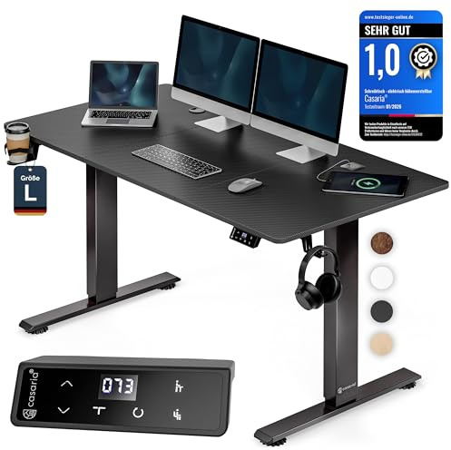 Casaria Höhenverstellbarer Schreibtisch Elektrisch 140 x 70 cm | 80 kg belastbar Wireless Charger & USB-C/A Anschluss LCD-Display Memory-Funktion, ergonomisch Carbon Optik