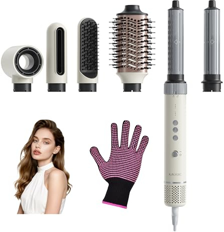 6-in-1 Hairstyler, Airstyler, Lockenstab, 110000 U/Min Hochgeschwindigkeit Lonen Föhn Locken oder Glätten, Föhnbürste Warmluftbürste Rundbürstenföhn Lockenföhn Haartrockner- Cremeweiß