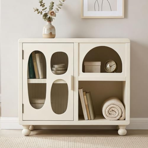chairus Buffet, Meuble de Rangement avec Compartiments pour Salon Chambre, Commode Blanche avec Porte en Verre, Buffet Bas avec Pieds en Bois, Blanc