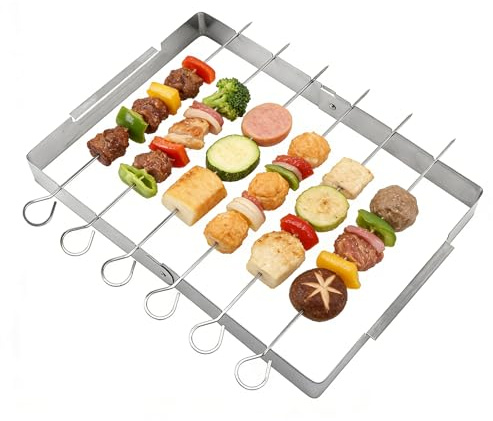 Brochetas de Barbacoa, Pinchos de Acero Inoxidable, Schaschlikspieße, Grillzubehör, Juego de 6 Brochetas de La Parrilla con Soporte para Carne y Verduras, Ideal para Acampadas, Excursiones o Picnics