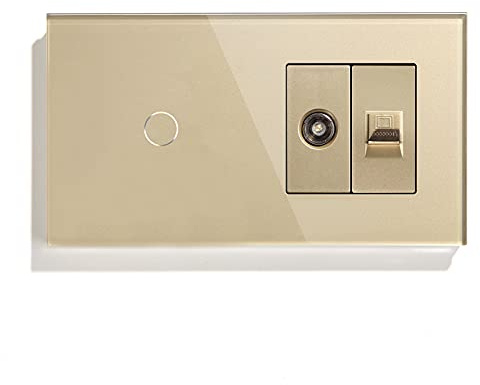 BSEED Interruptor Táctil de Luz WIFI Inteligente con Enchufe de TV y PC 2 Tomas, Compatible con Alexa Google Home Tuya, Control por Voz de Vidrio Multifunción 1 Gang 1 Vía Oro
