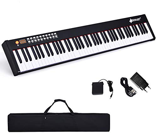 DREAMADE Keyboard Piano mit Bluetooth, E Piano 88 tasten mit 128 Rhythmen/Klänge & 20 Demo-Songs, Digital Piano mit einstellbarer Tastenstärke & Sustain Pedal & Tragetasche (Schwarz)