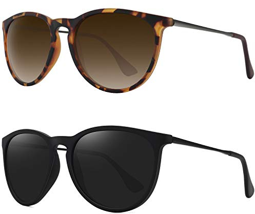 WOWSUN Polarisierte Sonnenbrille für Damen Vintage Retro Runde verspiegelte Gläser-(2 Pack) Alles Schwarz + Matt Leopard/Verlaufsbrown
