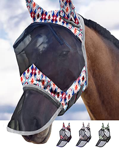 Harrison Howard CareMaster Cheval Masque Anti-Mouches Nez Long avec Oreilles Protection UV pour Cheval-Rhombus Tribal (M)