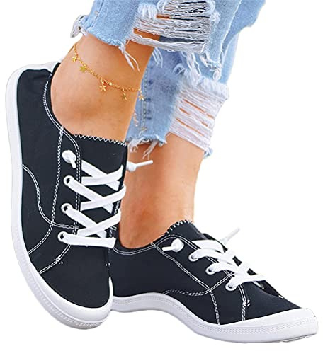 Minetom Zapatillas De Lona Mujer Zapatillas De Deporte Planos Holgadas con Cordones Zapatillas con Punta Encaje Zapatos B Negro 38 EU