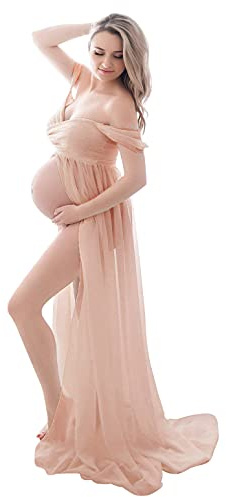 FEOYA-Off ÉPaule Robes Maxi Robe pour Grossesse Dames Sexy ÉLEgant Trailing Longue Robe pour Photo Shooting Props Split Devant ÉTE en Mousseline de Soie Respirant Cool,XL,Rose