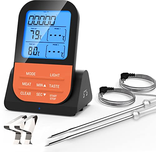 Termometro Cocina, Barbacoa Carne Digital con 2 Sonda Larga Lectura Instantánea en 3 Segundos Pantalla LCD Inalámbrico Imán Espalda Temporizador para Horno Alimentos Liquidos (Orange)