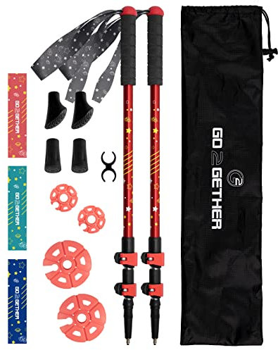 G2 Kid's Hiking Poles – Adjustable Telescopic Trekking Poles for Children/Aluminum Alloy/Adjustable Strap/Quick Flip Lock/ (Pack of 2 Poles/Storage Bag), Red