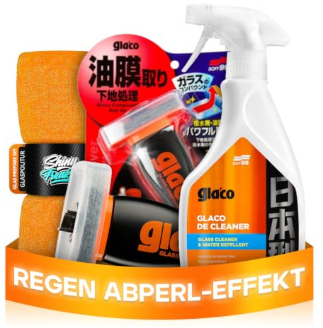 Auto Glaspolitur Set: Soft99 Glass Compound Roll On (100ml) + Soft99 Glaco De Cleaner (500ml) Glasreiniger + Mikrofasertuch - Regenabweiser mit Abperleffekt für verbesserte Sicht bei Regen | 3-teilig