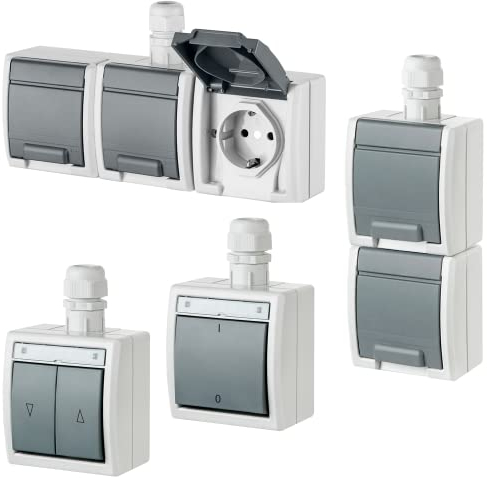 asvendo elektro Aufputz-Serie/Steckdosen/Schalter/Taster/Jalousietaster/Klingeltaster/hellgrau / IP65 / wassergeschützt, feuchtraumgeeignet (2-fach Steckdose)