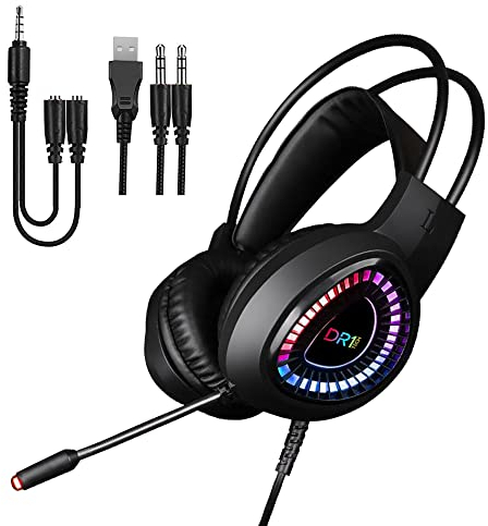 DR1TECH FireScout+ Casque Gamer LED avec Câble Et Micro pour PC - Over Ear Headphones Driver 40mm avec Audio Stéréo - Double Jack et USB + Adaptateur Inclus