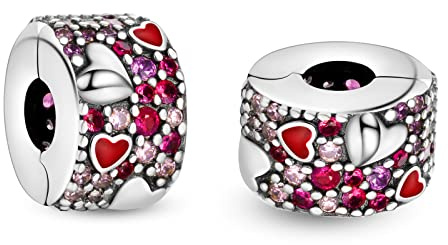 Annmors Charme 925 Perles En Argent Sterling pour Breloque Compatible pour Bracelets Collier Pink Pavé Clip Perles Oxyde de Noël Saint Valentin Cadeau Fête des Mères Charms pour Femmes packs of 2